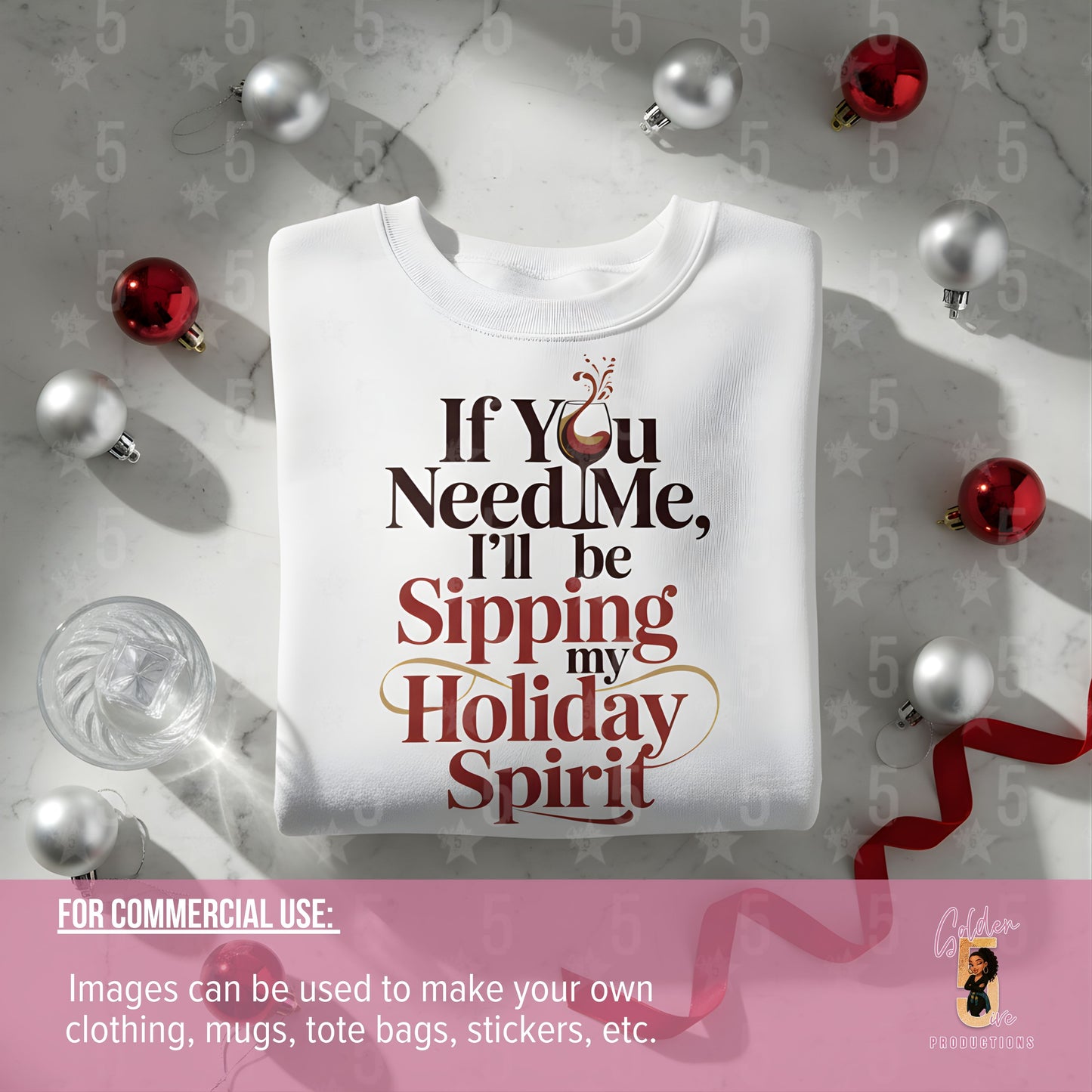 White sweatshirt with humorous text design surrounded by Christmas decorations on a light gray background.