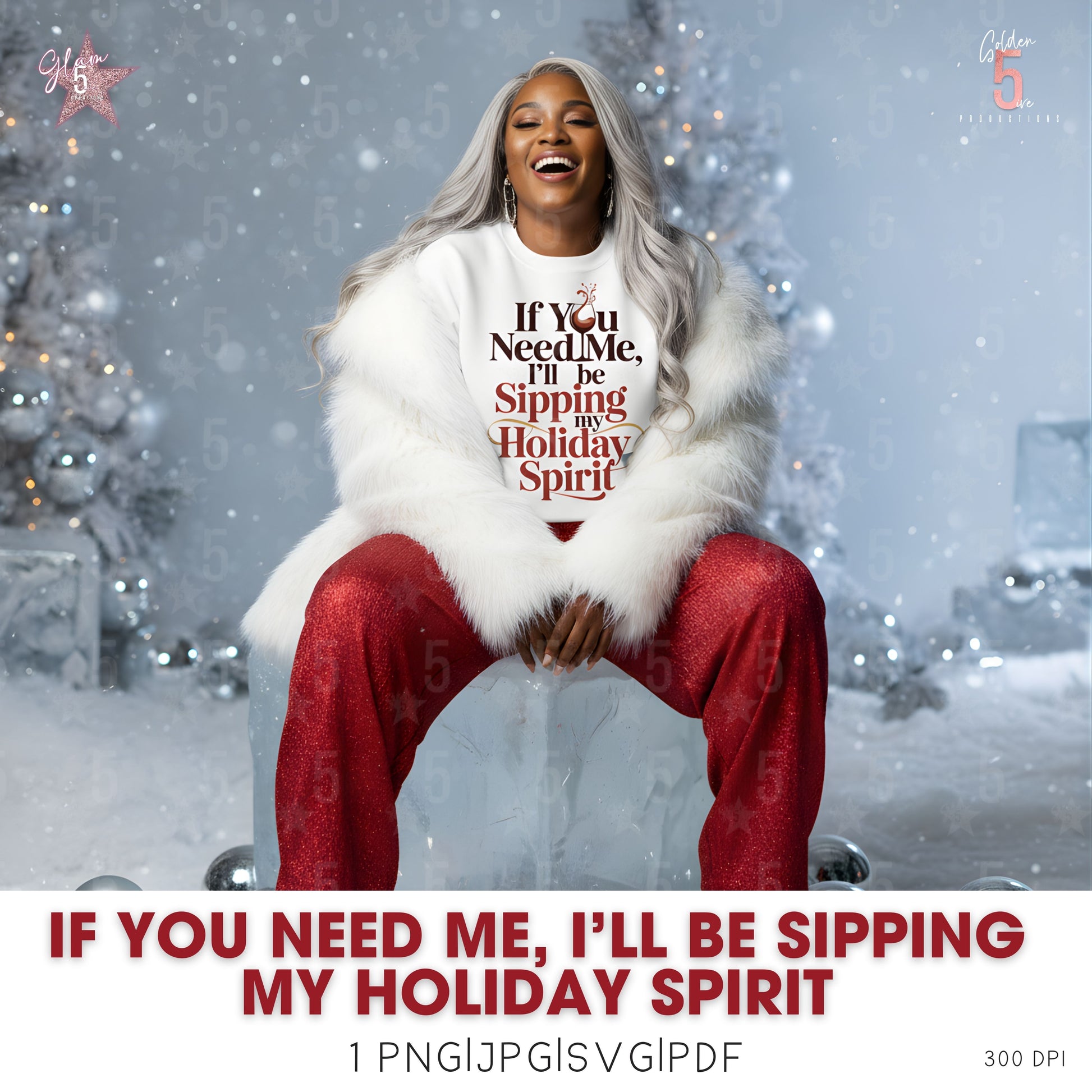 Woman in festive outfit with holiday-themed text against a snowy background