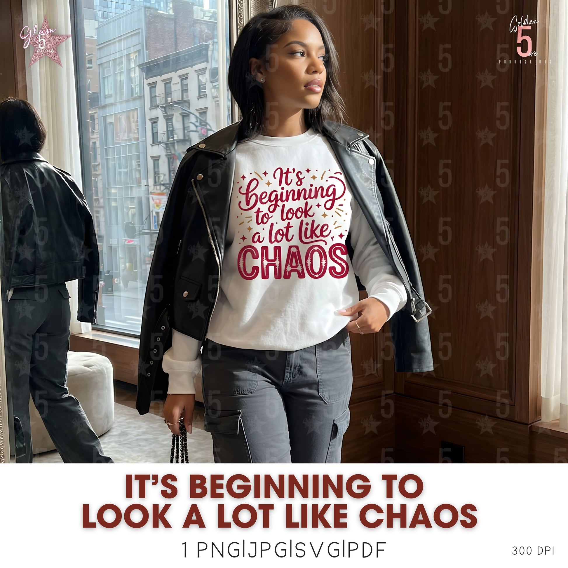 Woman wearing a shirt with text in a room with a window
