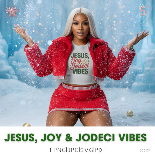 Person wearing a red outfit with 'Jesus, Joy & Jodeci Vibes' text against a snowy background
