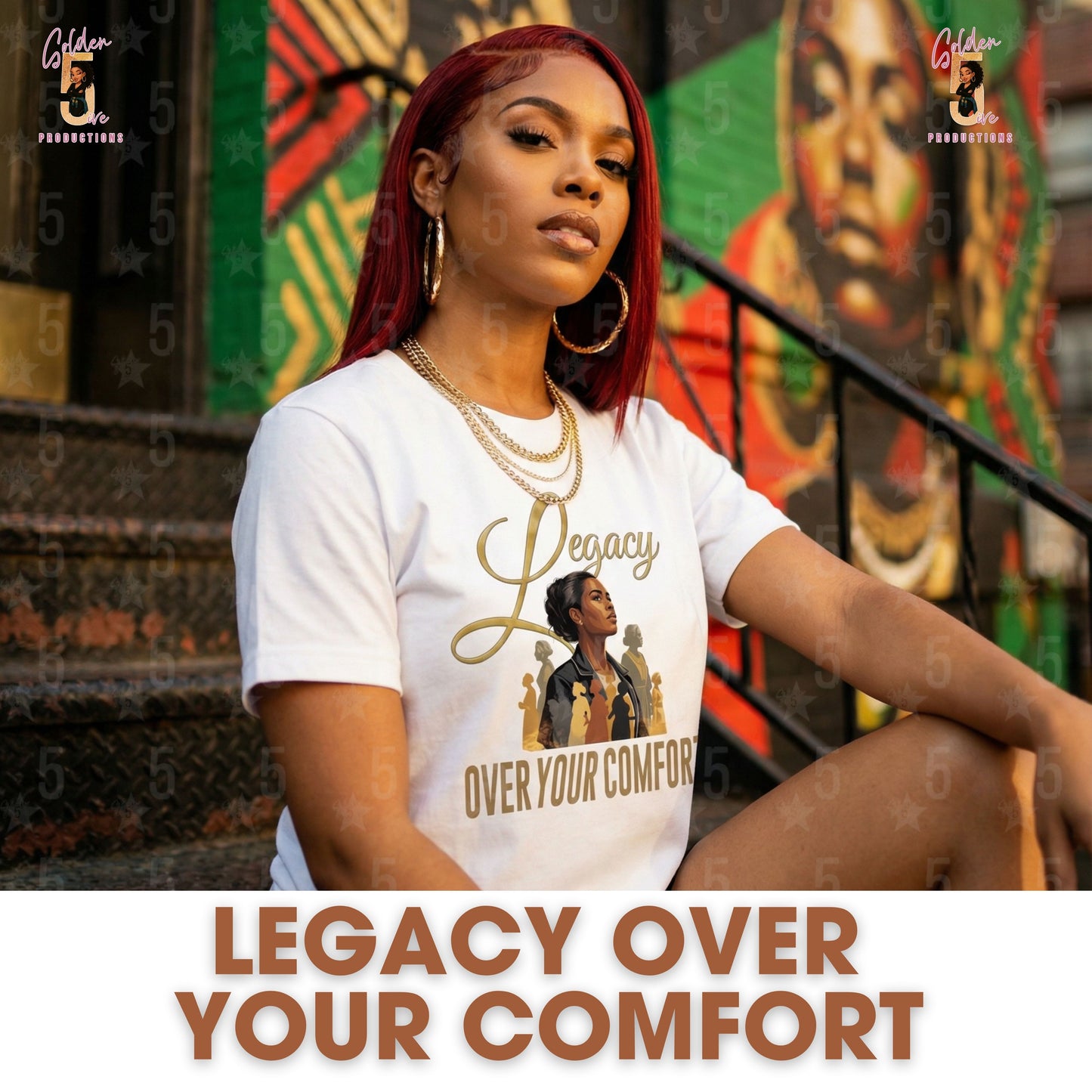 Woman wearing a t-shirt with 'Legacy Over Your Comfort' text and graphic, sitting on steps with colorful mural in background.