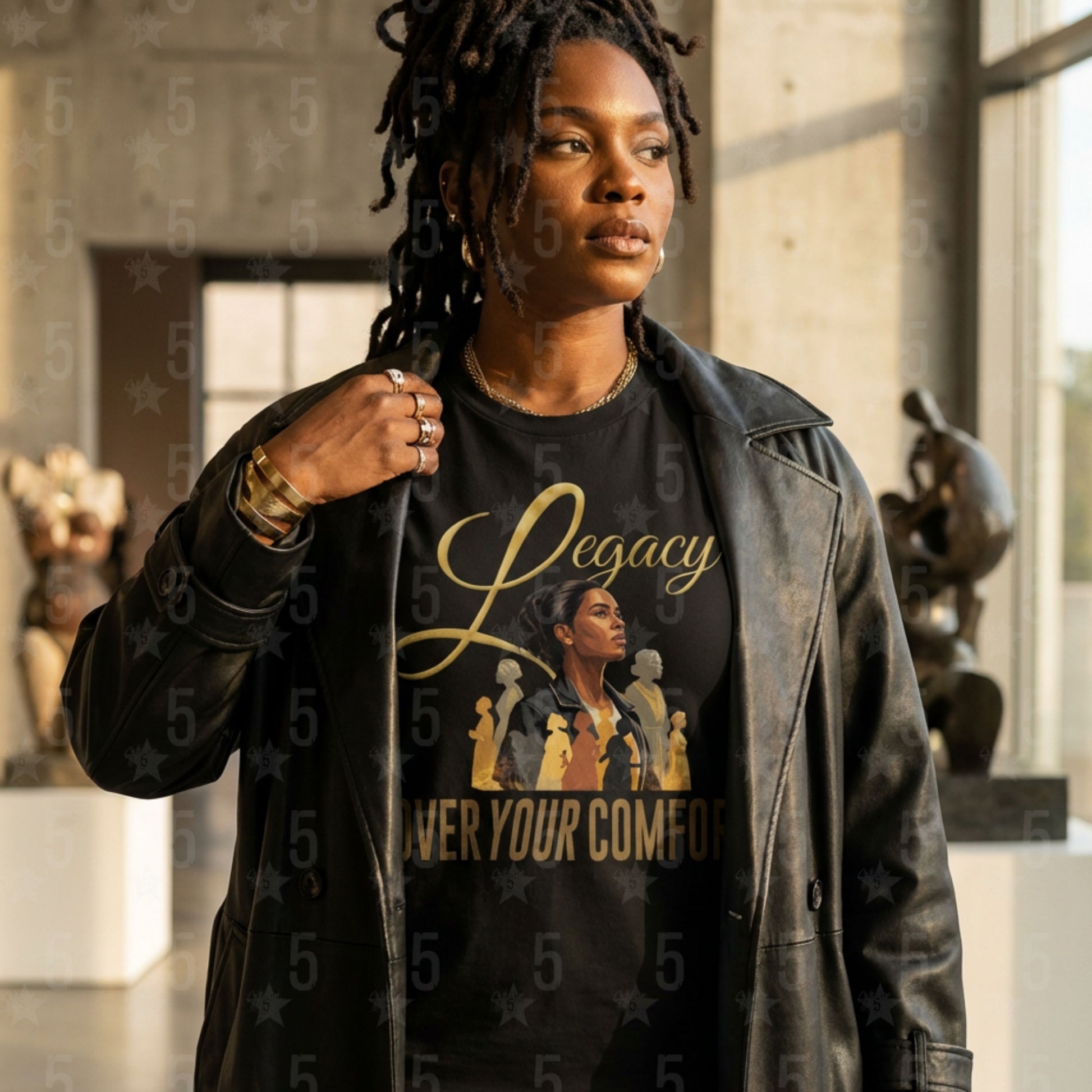 Person wearing a black t-shirt with 'Legacy Over Your Comfort' design in a museum setting