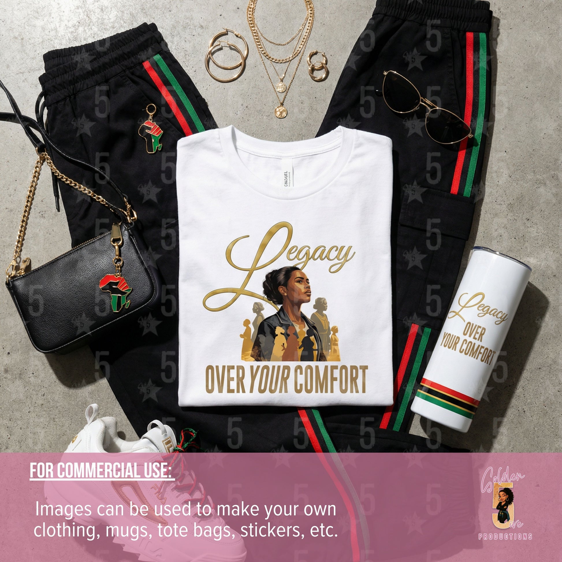 An outfit featuring afrocentric accessories, a tumbler and a white tee with "Legacy Over Your Comfort" design on it