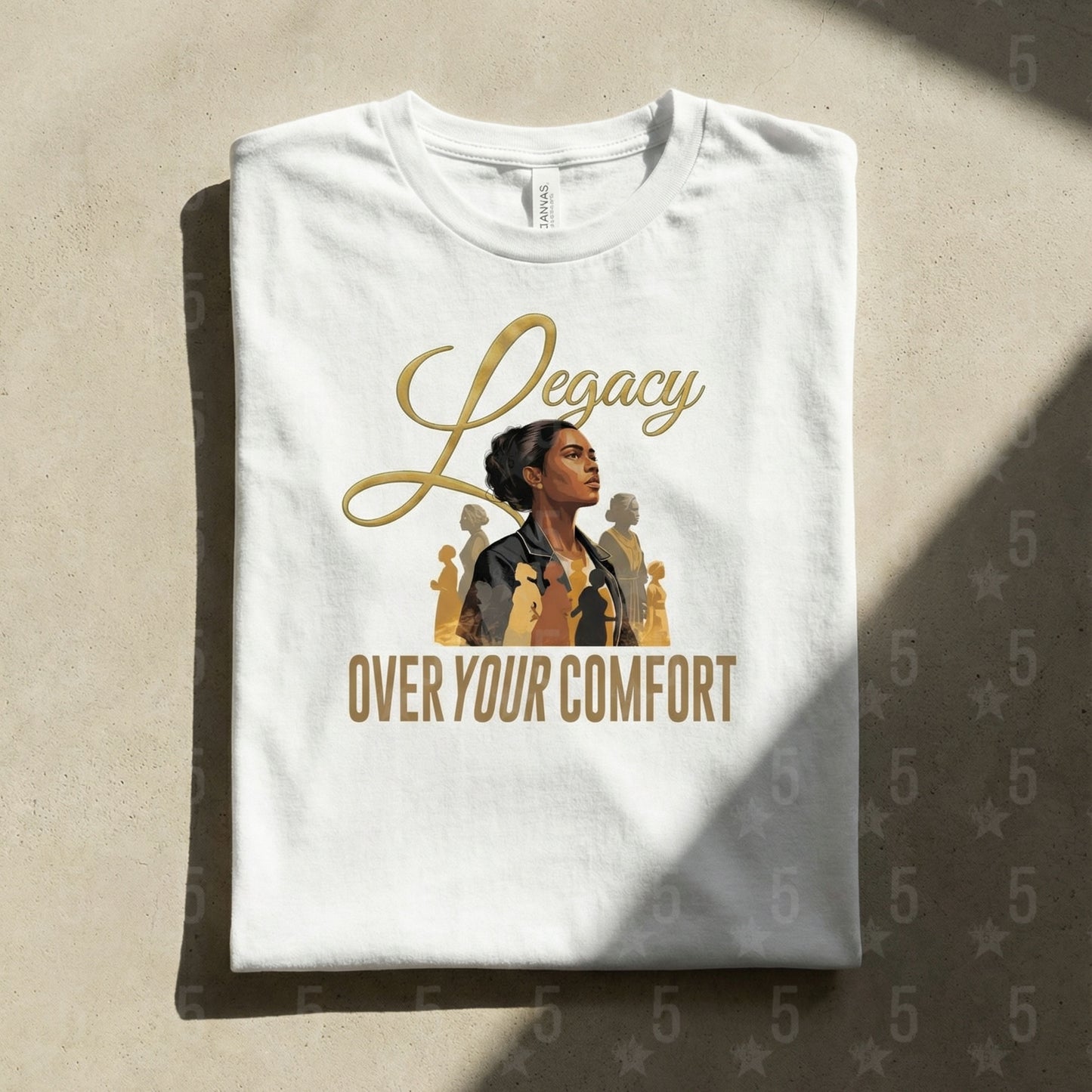 White t-shirt with graphic design and text on a beige background