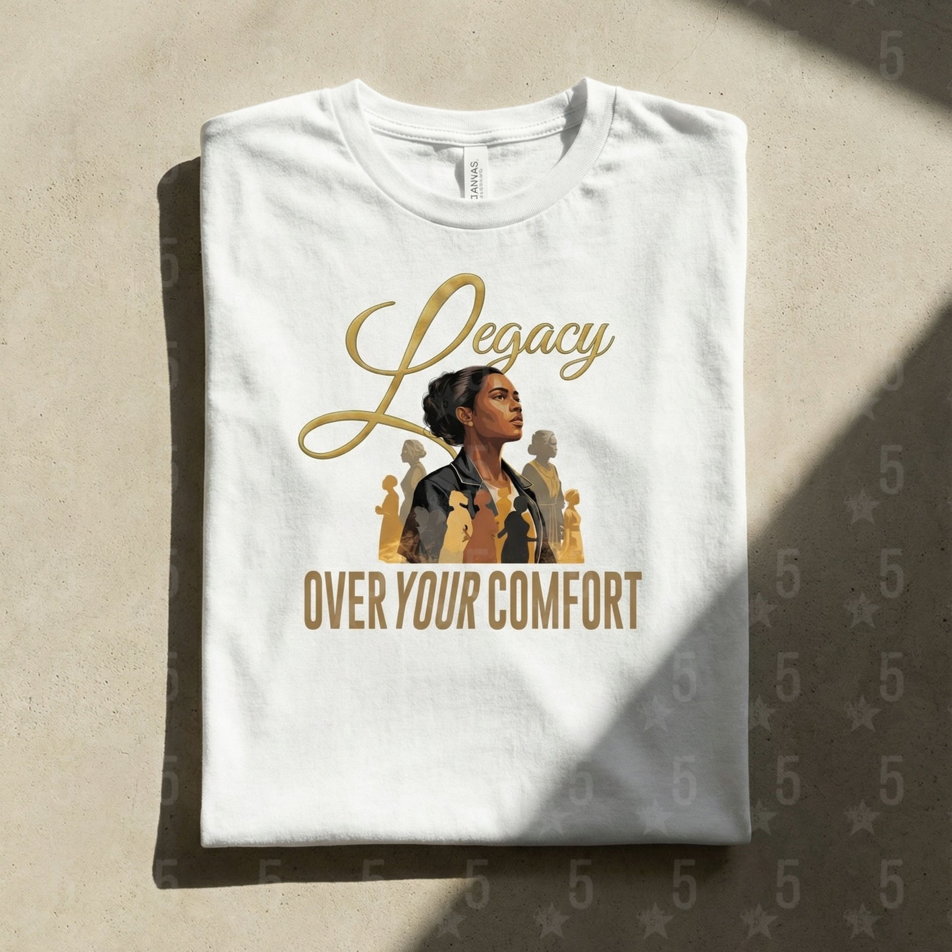 White t-shirt with graphic design and text on a beige background