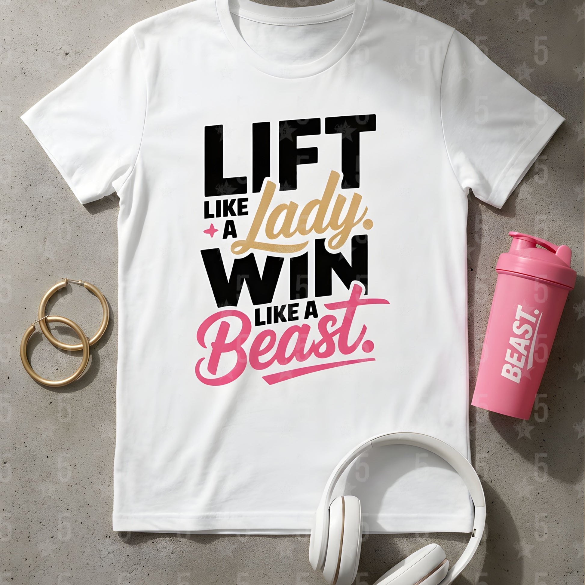 White t-shirt with motivational quote, pink shaker bottle, gold hoop earrings, and white headphones on a concrete surface.