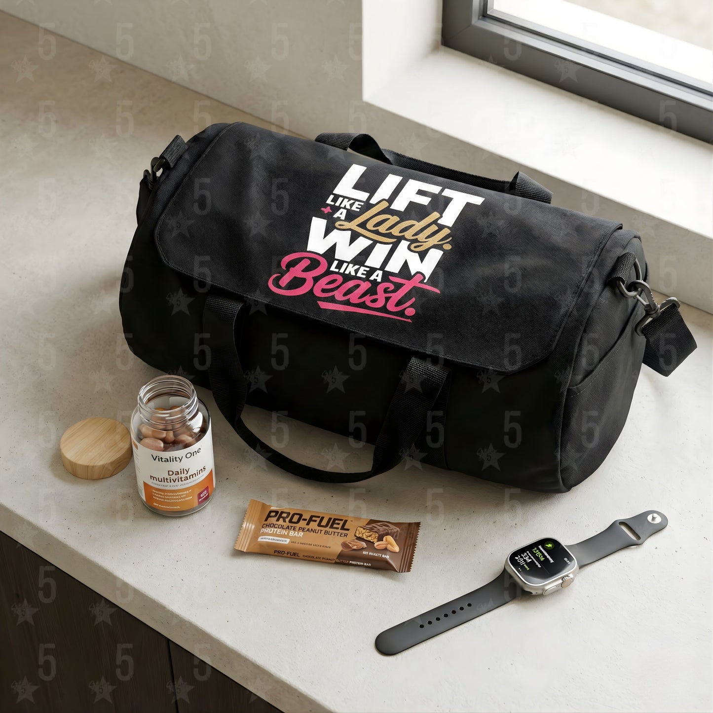 A gym duffle bag with a fitness motivation design on it