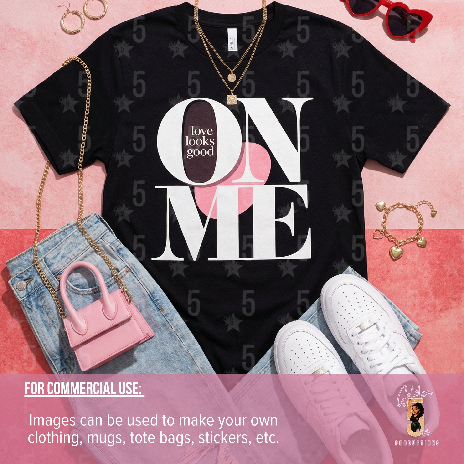 Black t-shirt with 'Love looks good on me' design, pink handbag, white sneakers, and jewelry on a pink background.