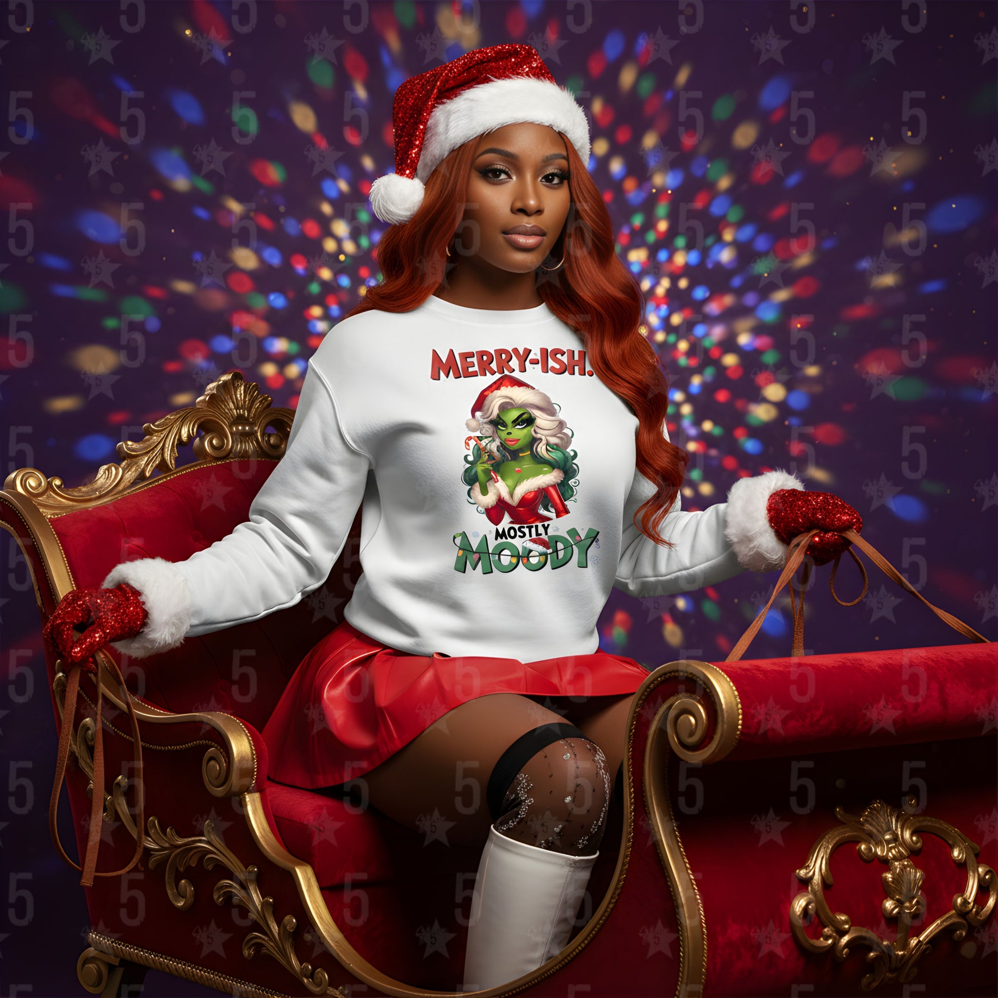 Person wearing a festive sweater with a Christmas design, sitting in a sleigh with colorful lights in the background.