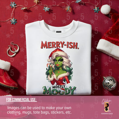 White sweatshirt with Christmas-themed design on a red background with festive decorations.
