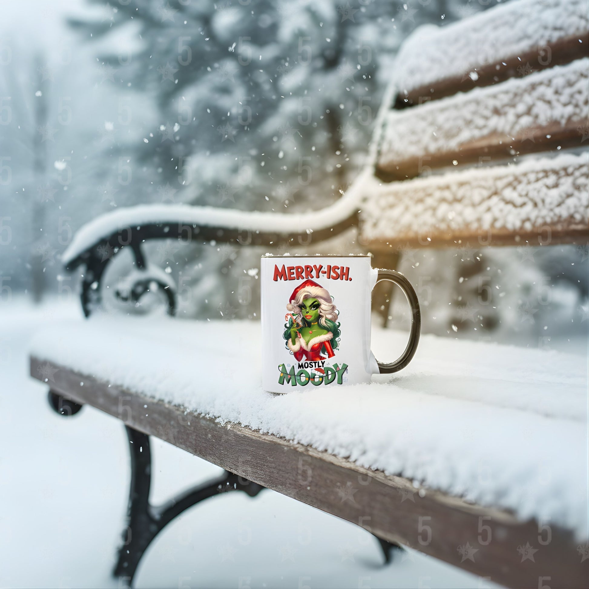 Mug with Christmas design on a snow-covered bench