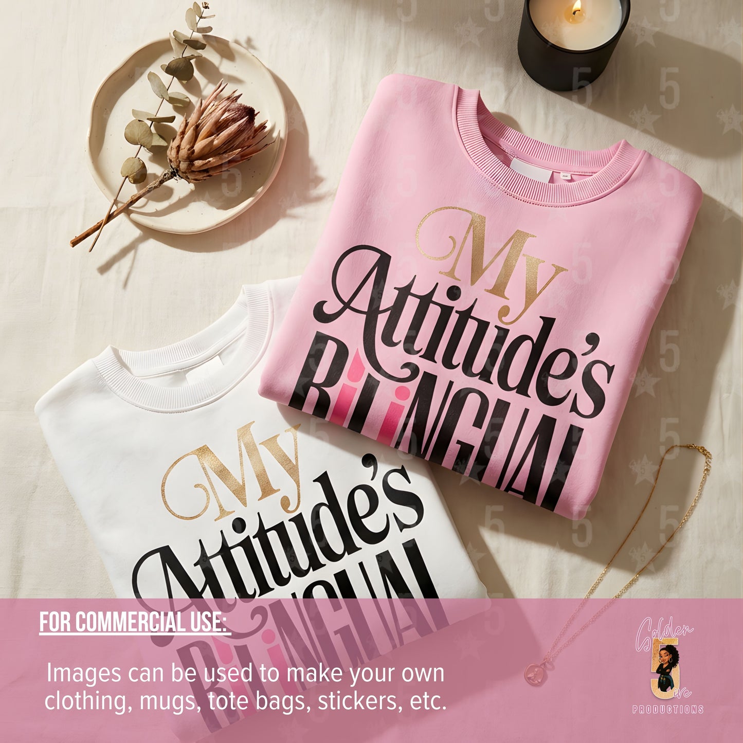 Two sweaters with 'My Attitude's Bilingual' text on a light surface.