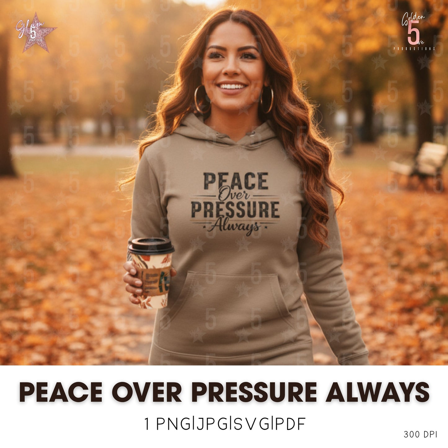 Woman wearing a hoodie with 'Peace Over Pressure Always' text in an autumn park.