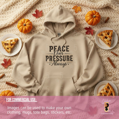 Beige hoodie with 'Peace Over Pressure Always' text on a fall-themed background with pumpkins and pie.
