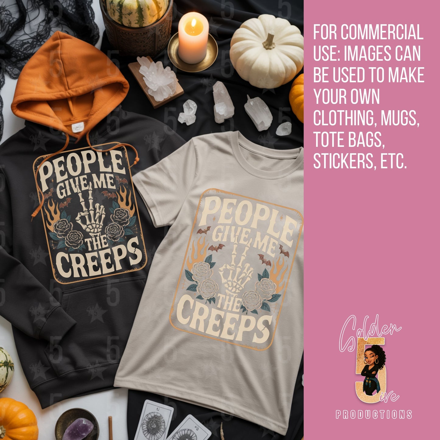 Black hoodie and beige t-shirt with 'People Give Me The Creeps' design on a Halloween-themed background.