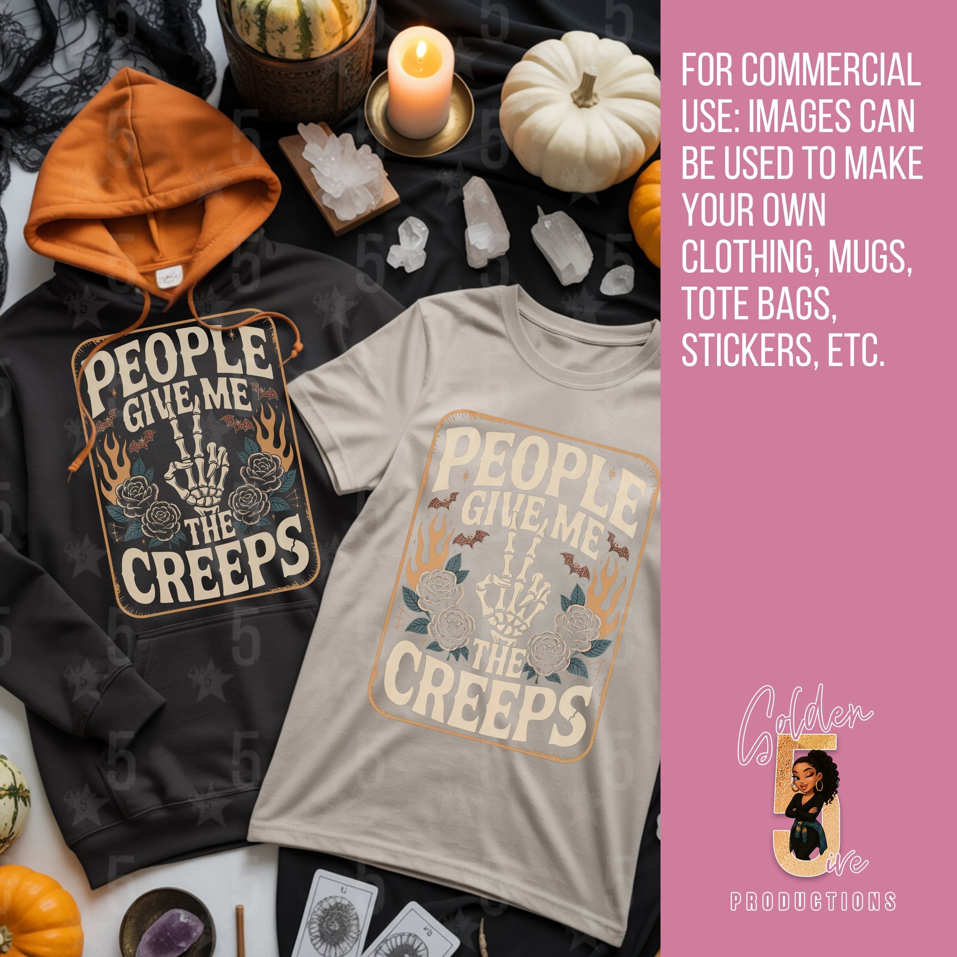 Black hoodie and beige t-shirt with 'People Give Me The Creeps' design on a Halloween-themed background.
