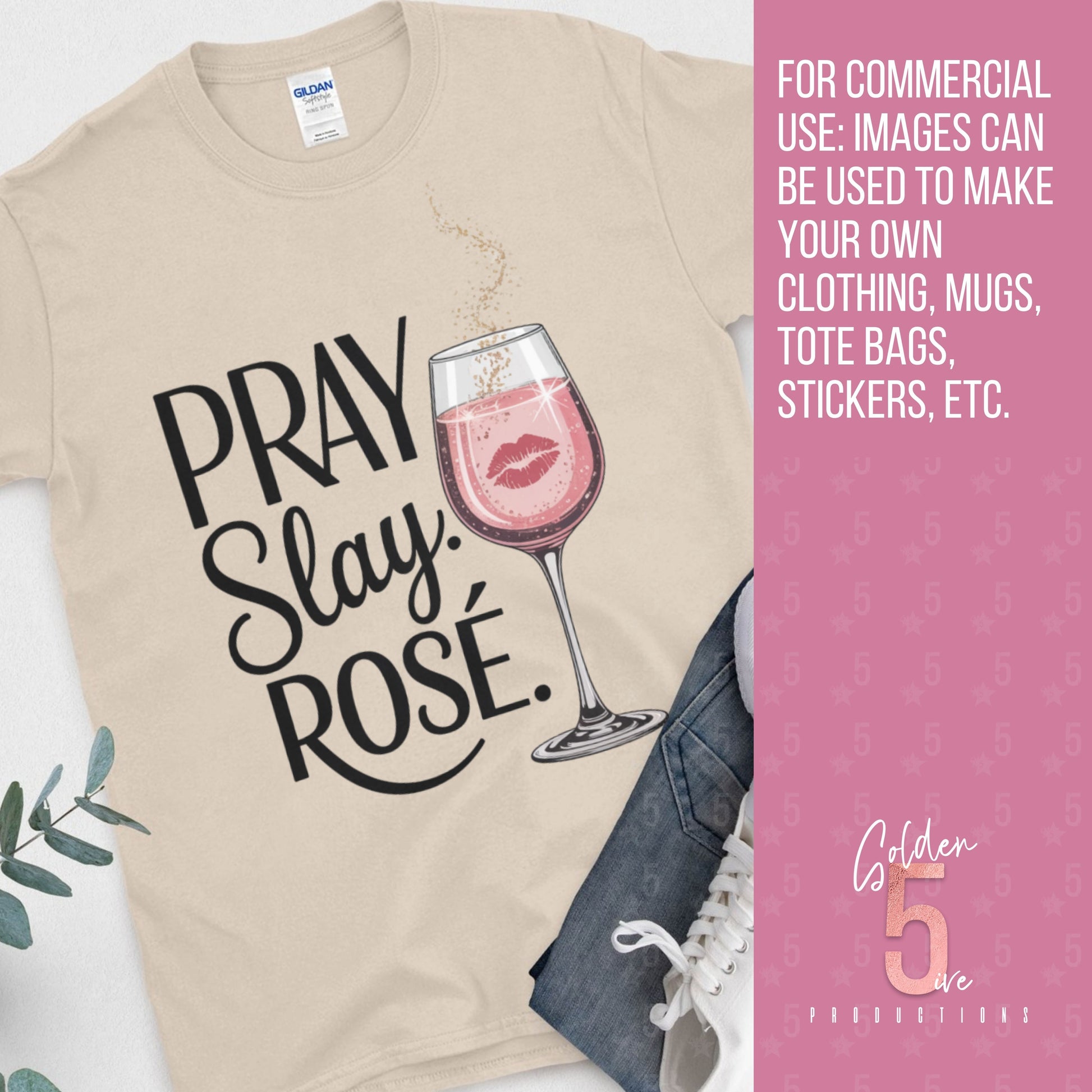 Beige t-shirt with 'Pray Slay Rosé' design and pink wine glass graphic.