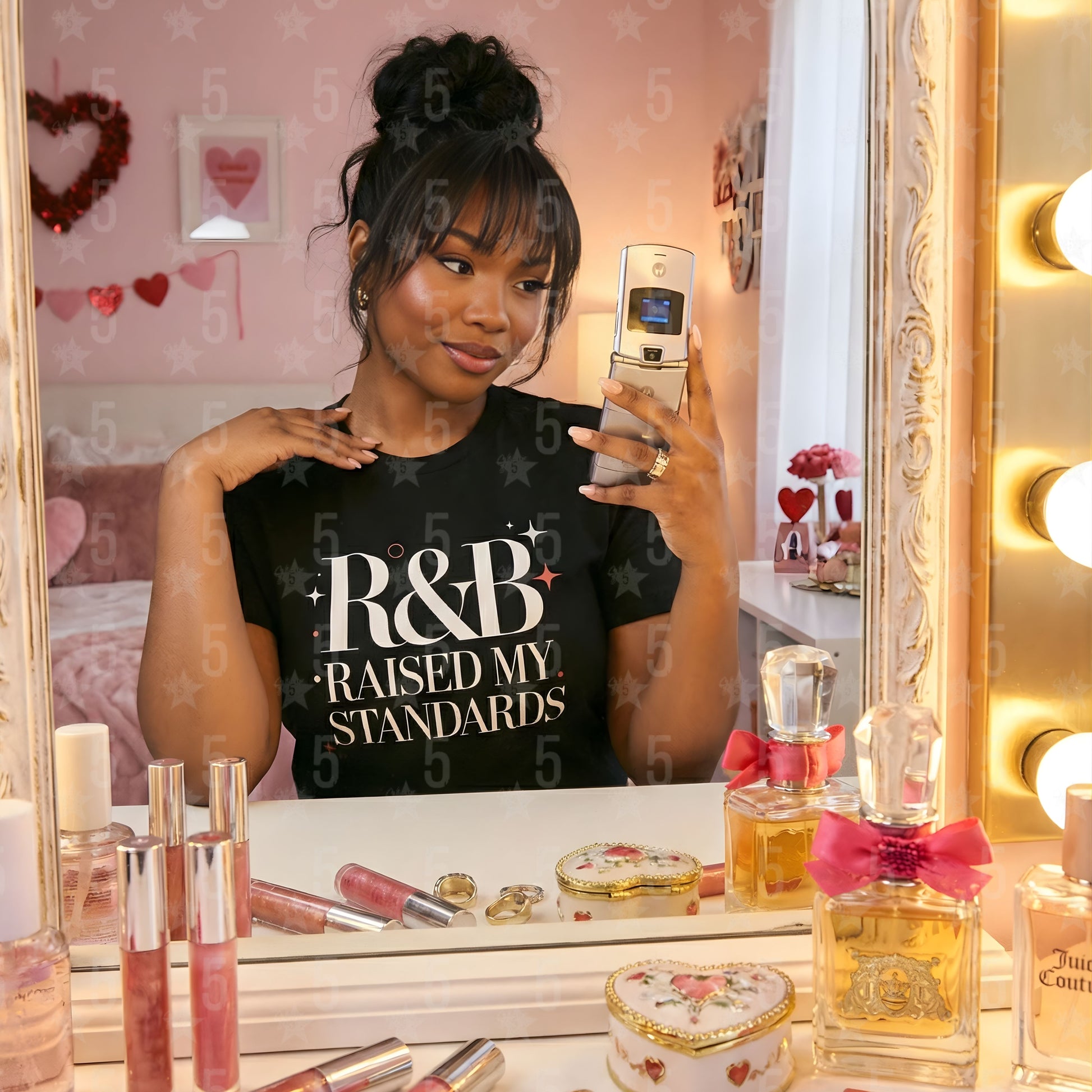 Woman taking a mirror selfie in a room with decorative elements and perfume bottles.