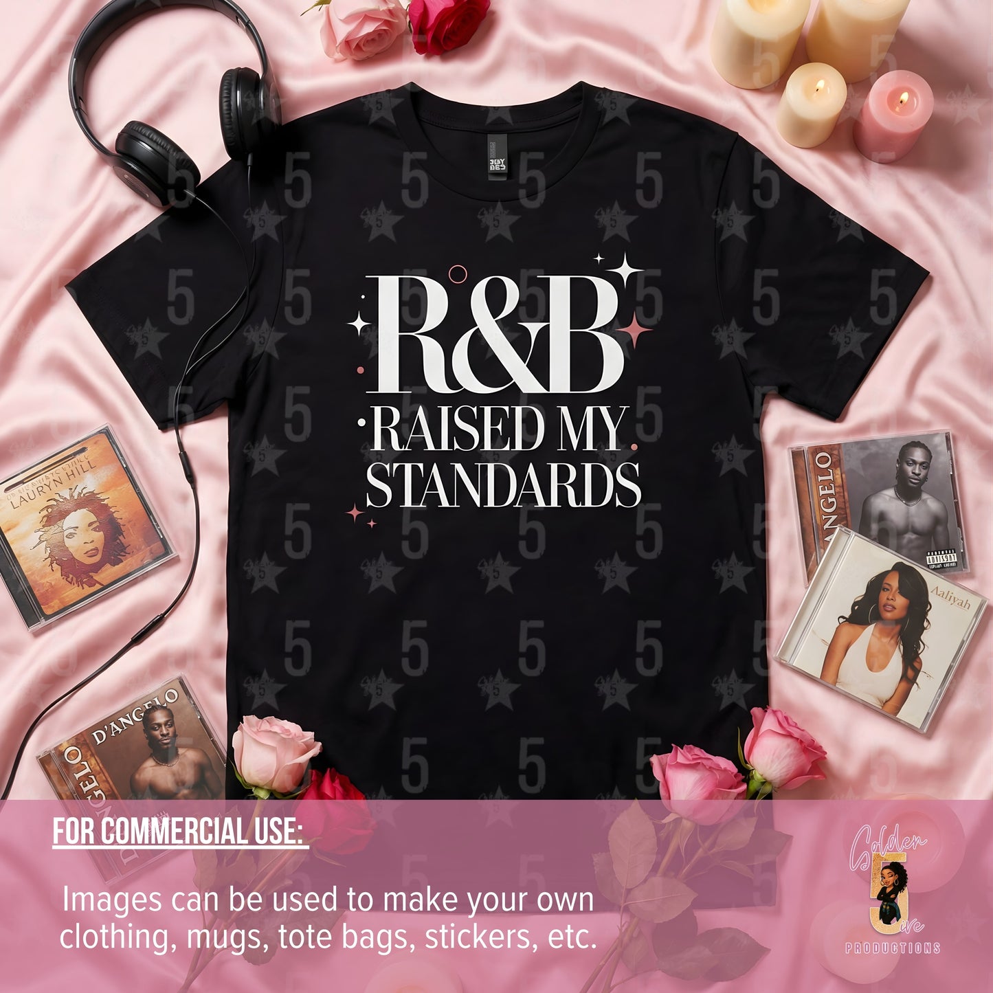 Black t-shirt with 'R&B Raised My Standards' text on a pink background with music-themed items.