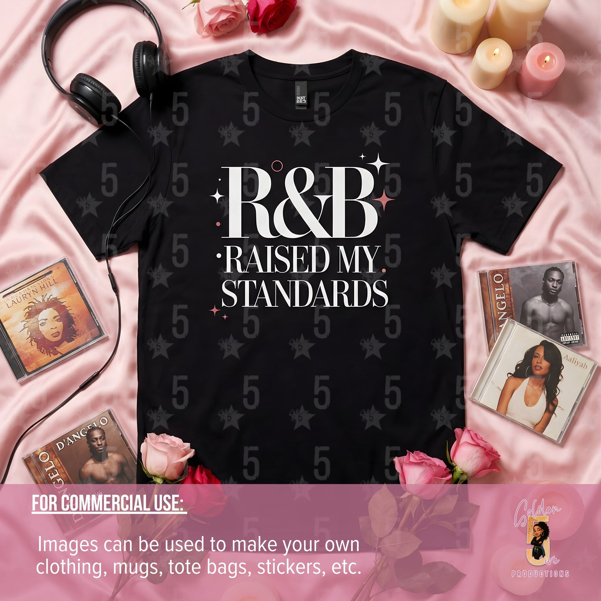 Black t-shirt with 'R&B Raised My Standards' text on a pink background with music-themed items.
