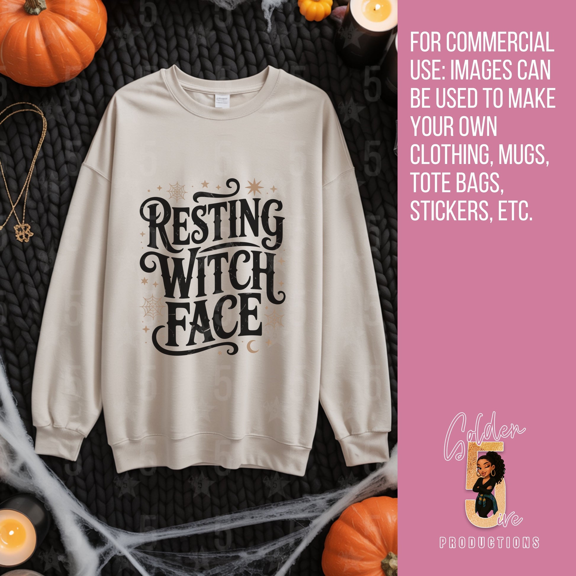 Beige sweatshirt with 'Resting Witch Face' text on a Halloween-themed background with pumpkins and candles.
