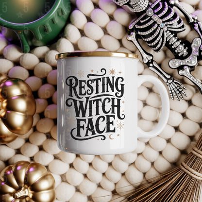 White mug with 'Resting Witch Face' text on a decorative background with pumpkins and a skeleton.