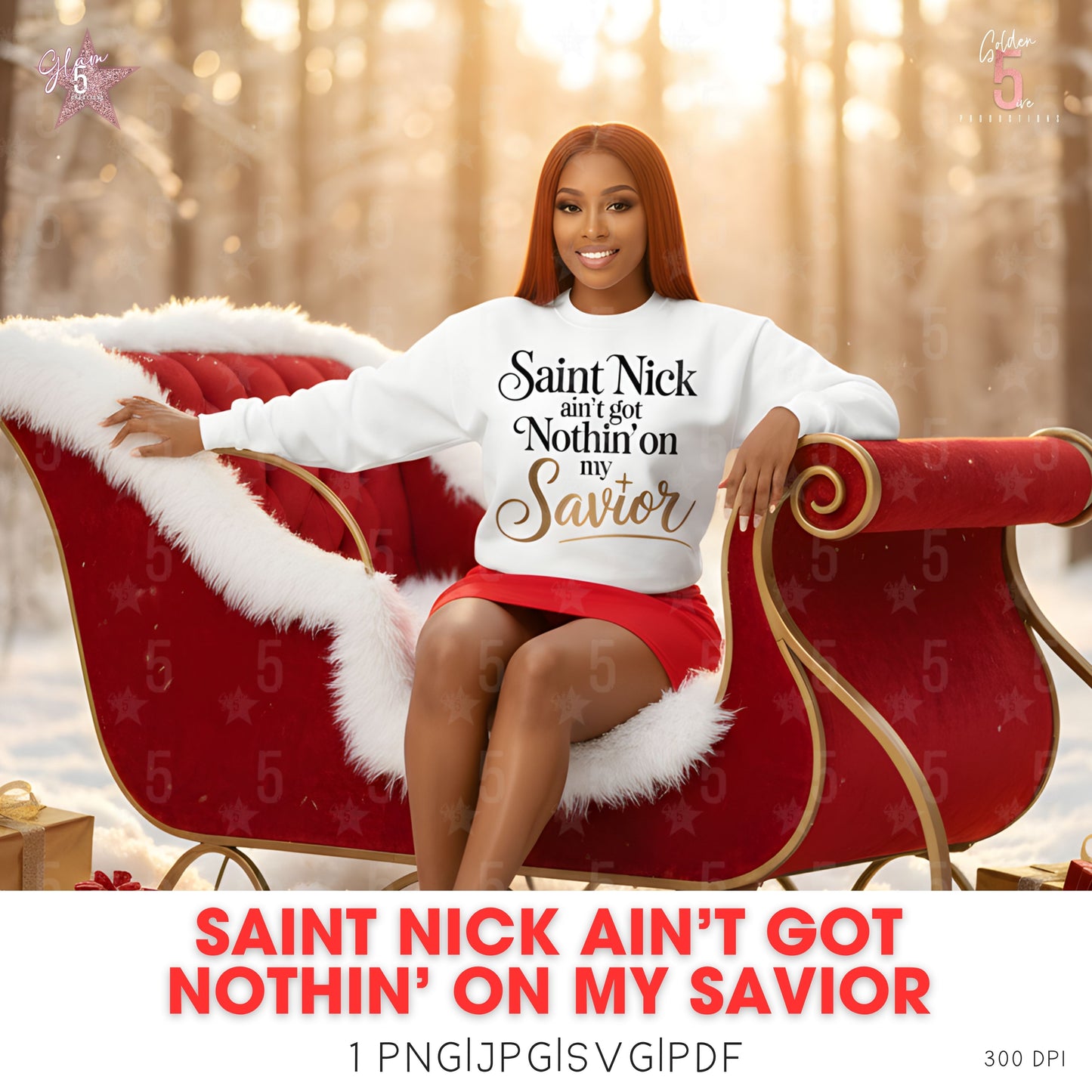 Person sitting on a red sleigh with a Christmas-themed sweater in a snowy forest setting.