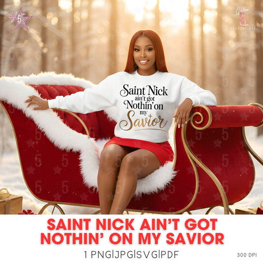 Person sitting on a red sleigh with a Christmas-themed sweater in a snowy forest setting.