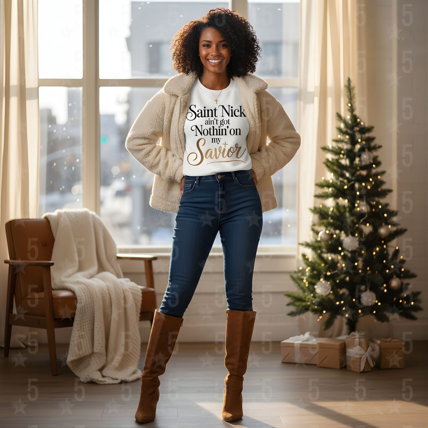 Woman wearing a festive t-shirt in a cozy room with a Christmas tree and presents.