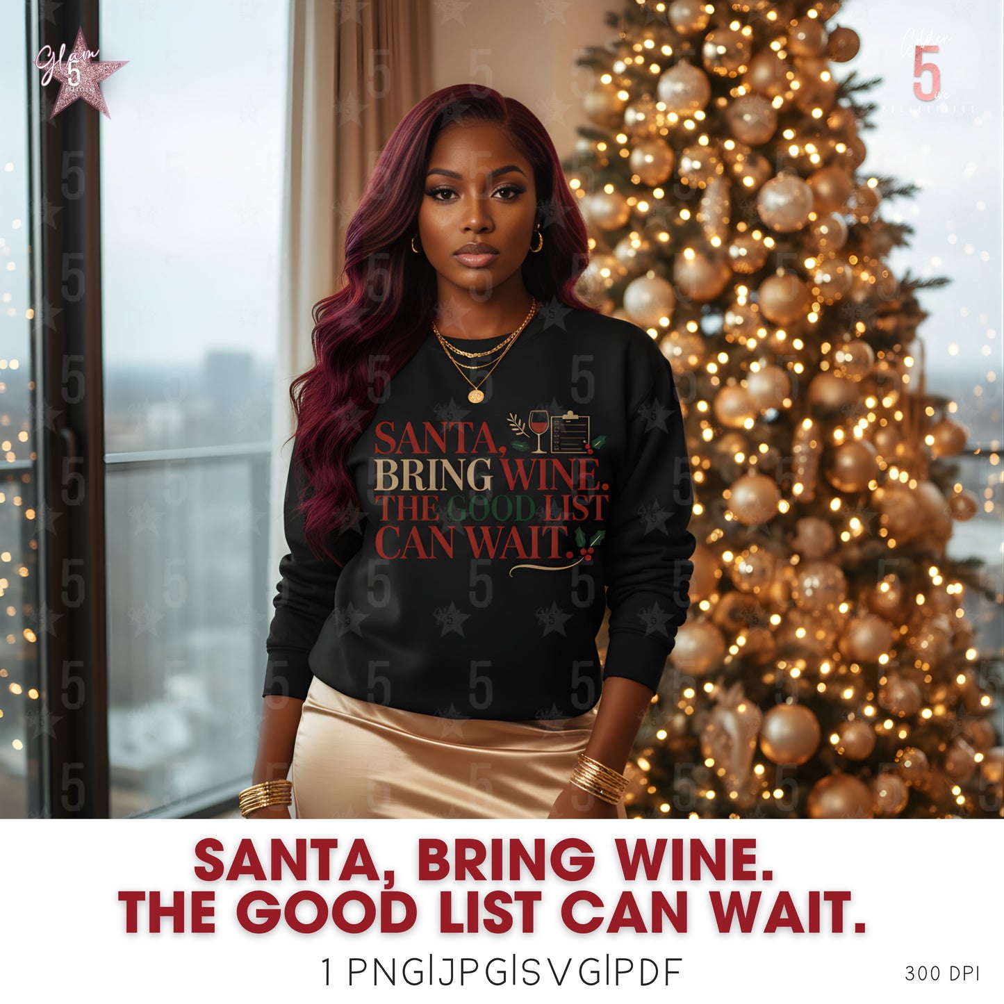 Woman wearing a sweater with a Christmas message in front of a decorated tree.