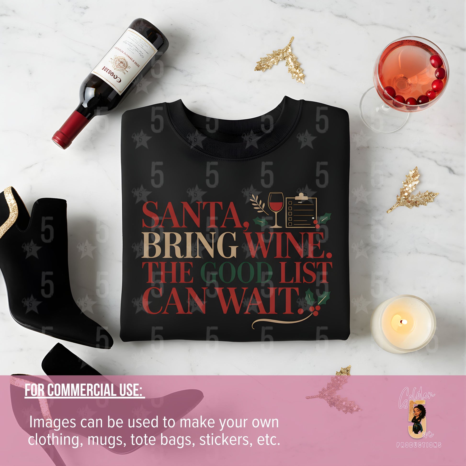 Black sweatshirt with festive text on a white surface with wine bottle, glass, and candle.
