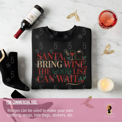 Black sweatshirt with festive text on a white surface with wine bottle, glass, and candle.