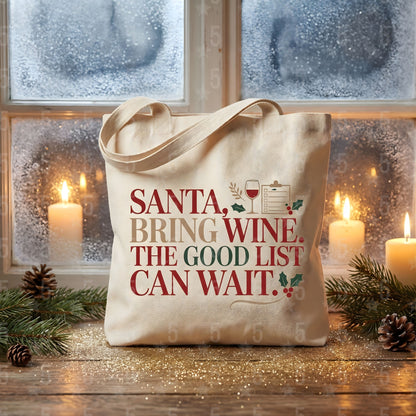 Tote bag with Christmas message in front of a window with candles and decorations