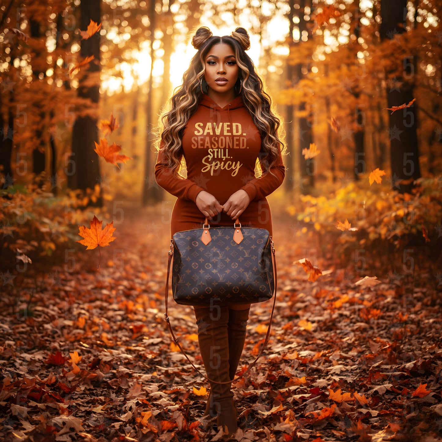 Woman in an autumn forest wearing a sweatshirt with text and holding a handbag.