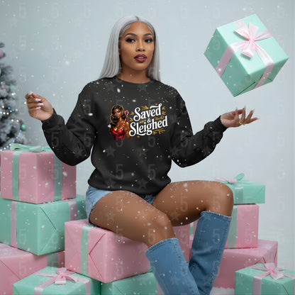 Woman wearing a black sweatshirt with text and graphics, sitting on presents with a festive background.