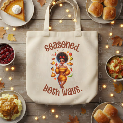Tote Bag with the seasoned. both ways. design on the front