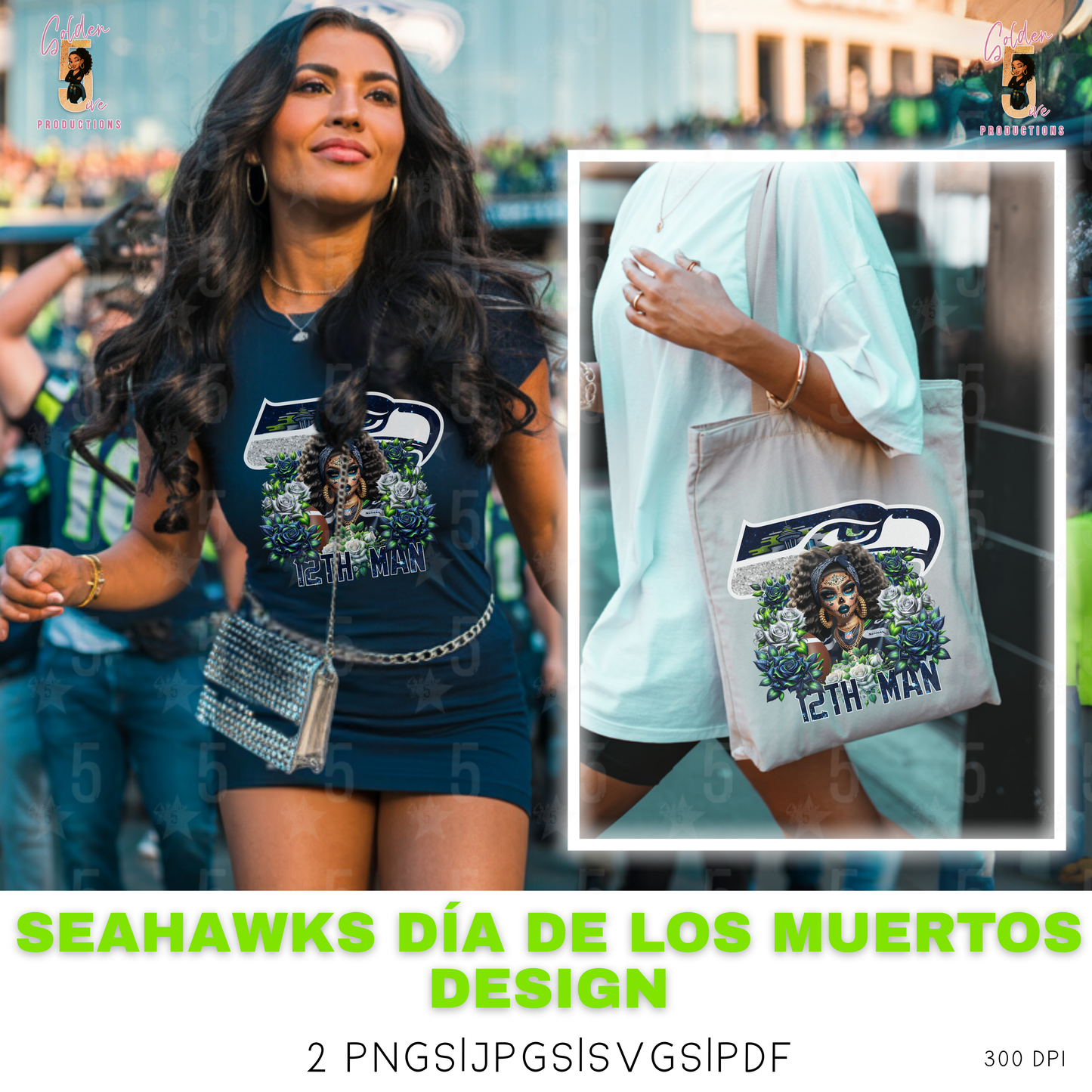 Seattle Seahawks Día de los Muertos Design SVG, PNG, JPG, PDF - Instant Download
