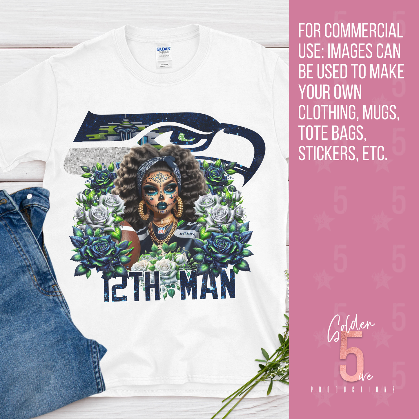 Seattle Seahawks Día de los Muertos Design SVG, PNG, JPG, PDF - Instant Download