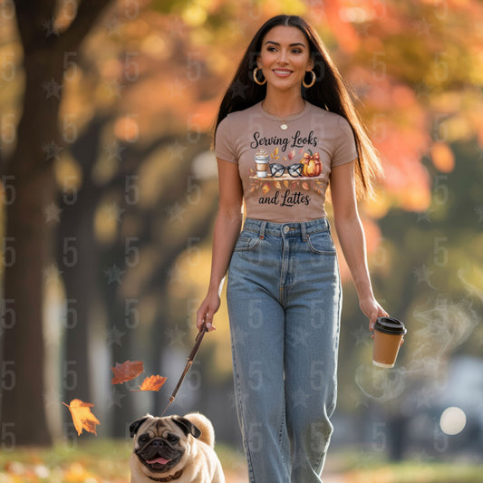 Woman walking a dog in an autumn park holding a coffee cup.