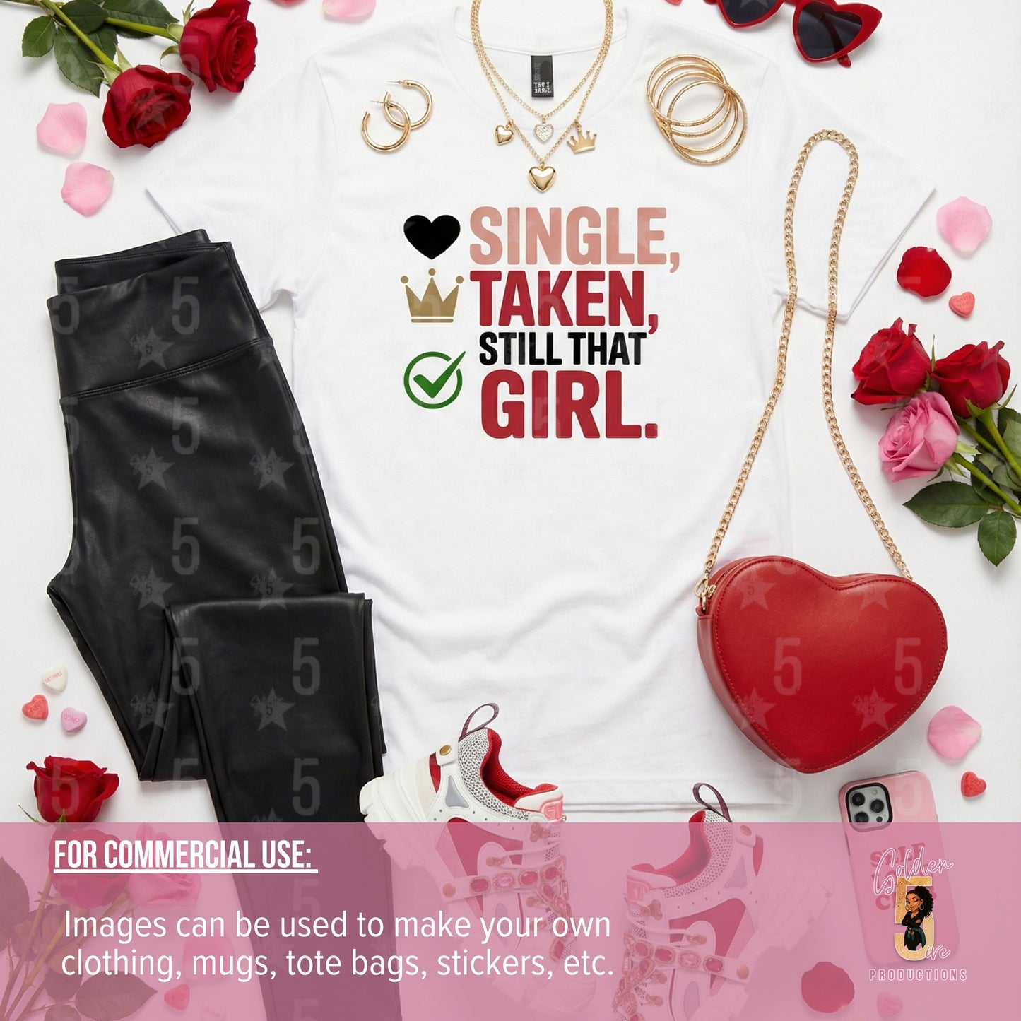 White t-shirt with 'Single, Taken, Still That Girl' text, black leggings, red heart-shaped bag, and jewelry on a white background.