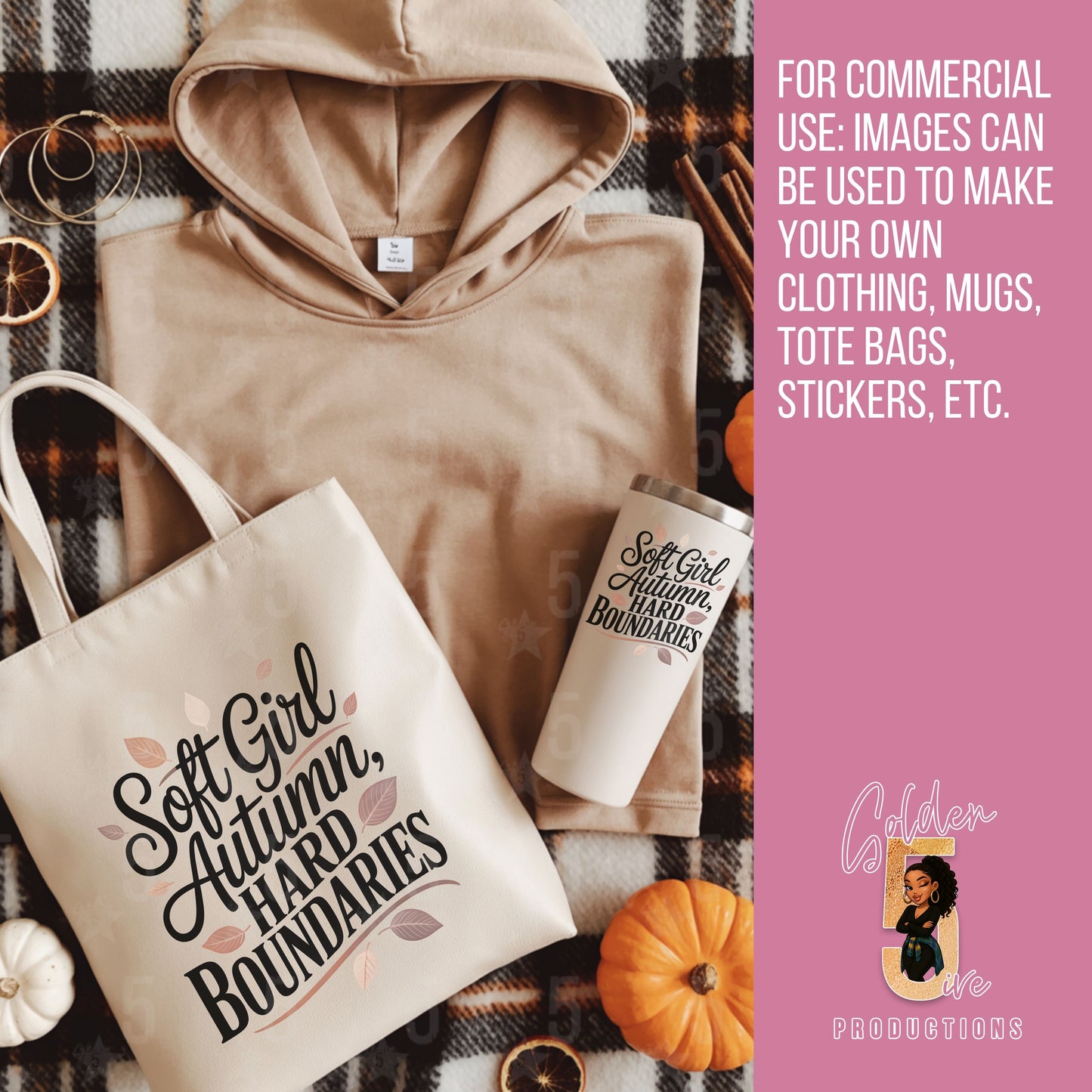 Beige hoodie, tote bag, and mug with text on a plaid background, featuring 'Goldener Life Productions' branding.