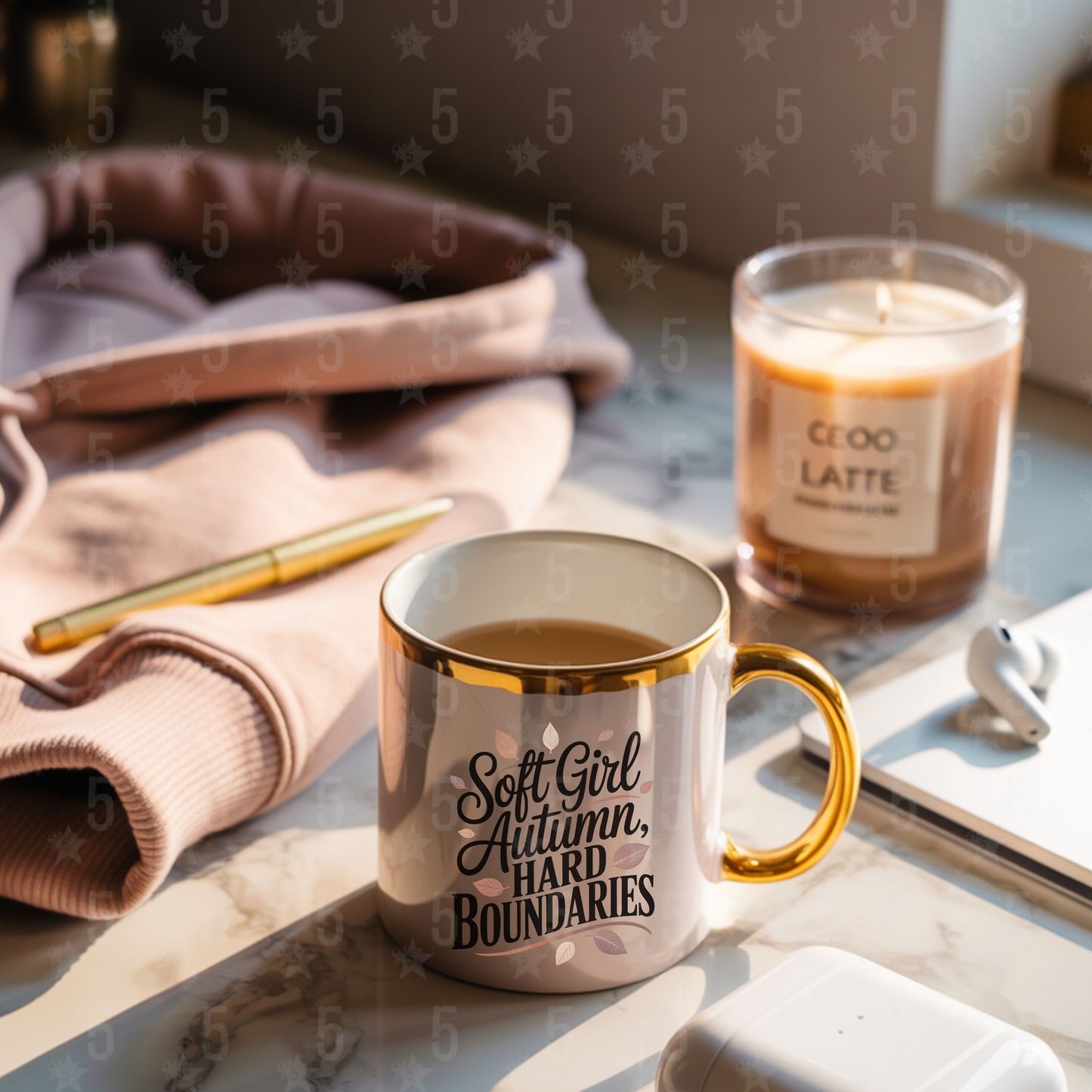 Mug with text, candle, and blanket on a table