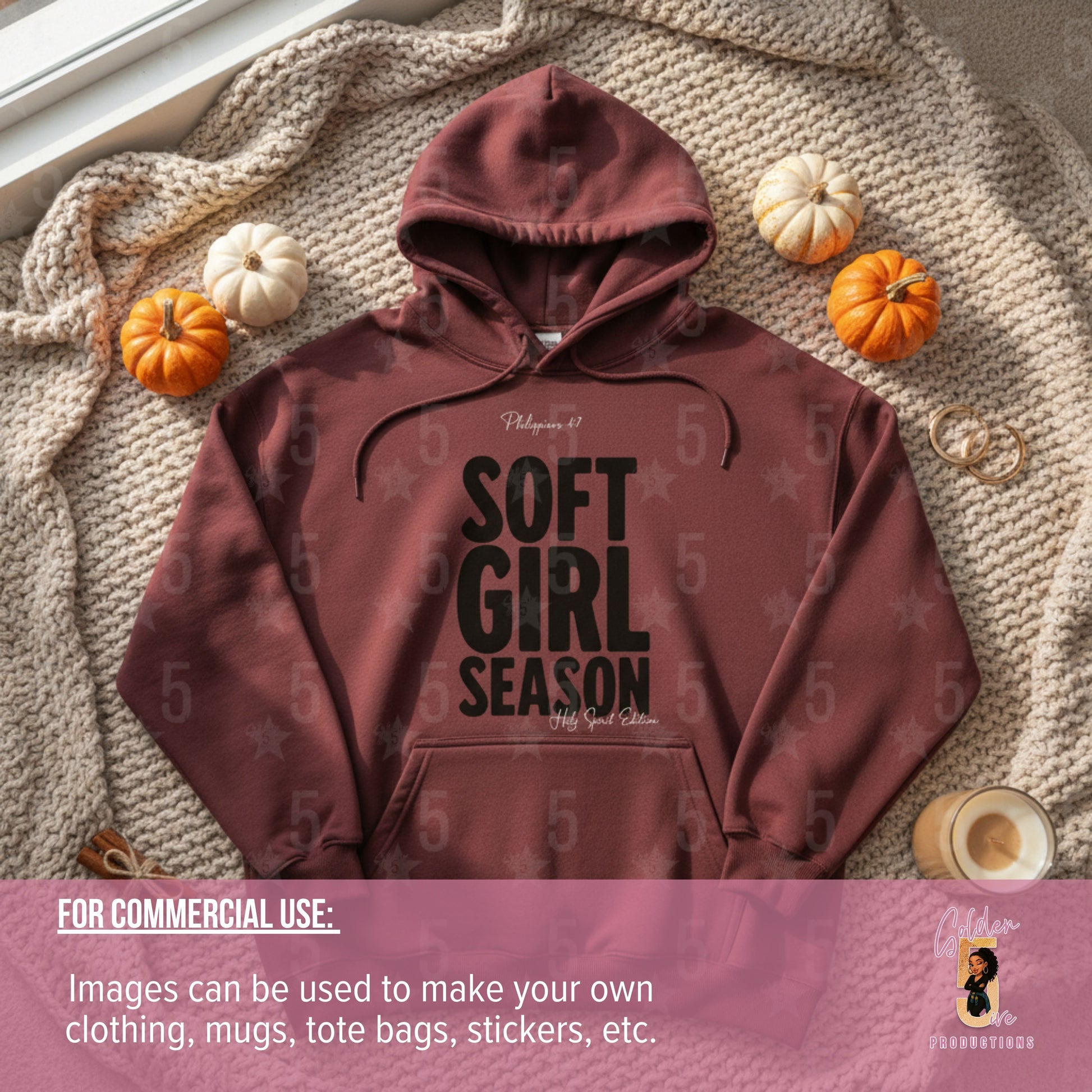 Maroon hoodie with 'SOFT GIRL SEASON' text on a textured surface with pumpkins.