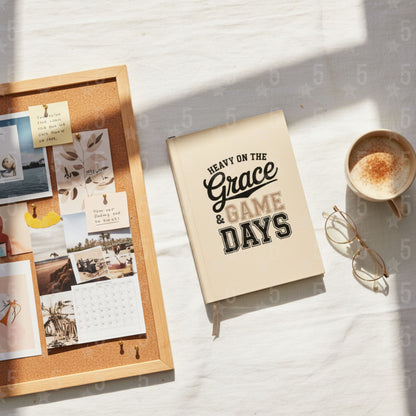 Notebook with motivational quote, cork board with photos, and cup of coffee on a light surface