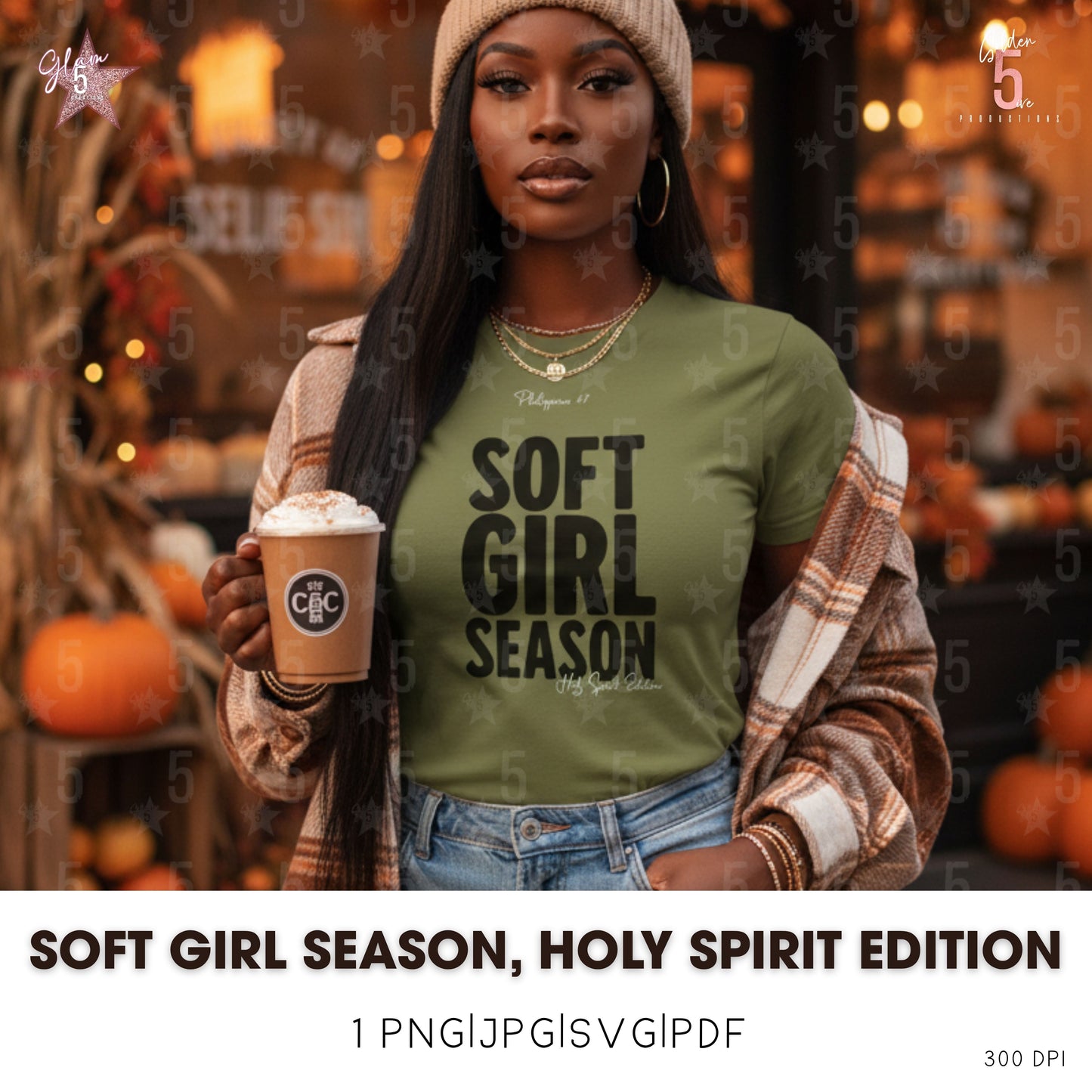 Person wearing a green 'SOFT GIRL SEASON' shirt holding a coffee cup in a festive setting with pumpkins.