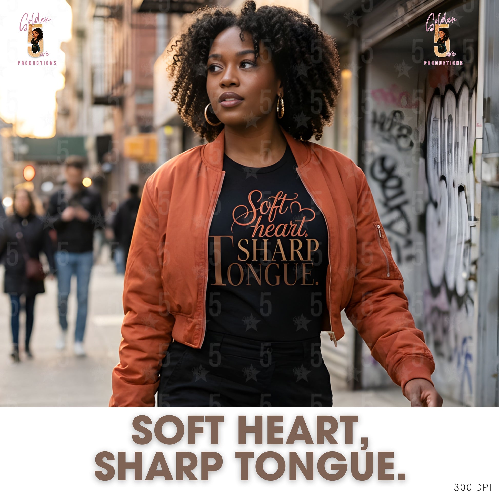 black woman in black tee with sassy saying "soft heart sharp tongue"