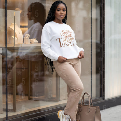 white crewneck sweater with a sassy saying