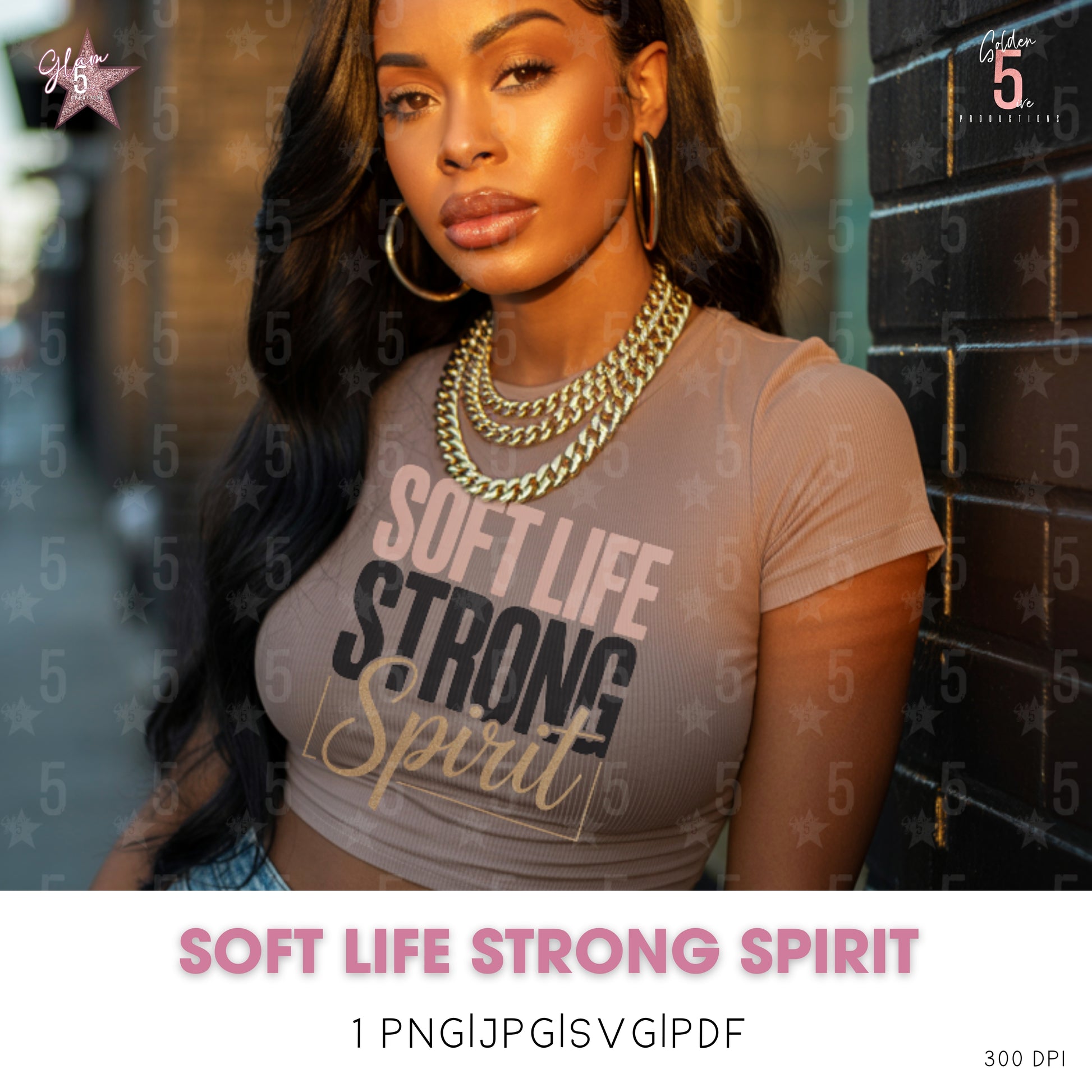 Woman wearing a 'Soft Life Strong Spirit' t-shirt with a brick wall background