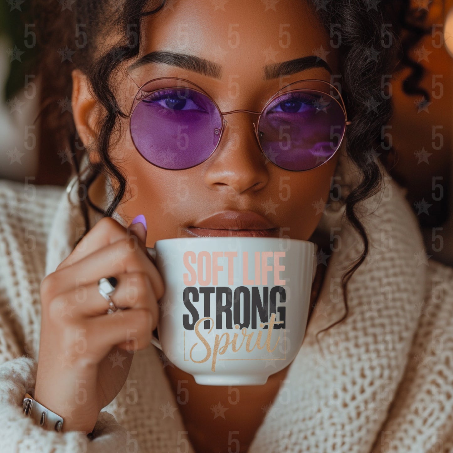 Person holding a mug with 'Soft Life Strong Spirit' text, wearing purple sunglasses.