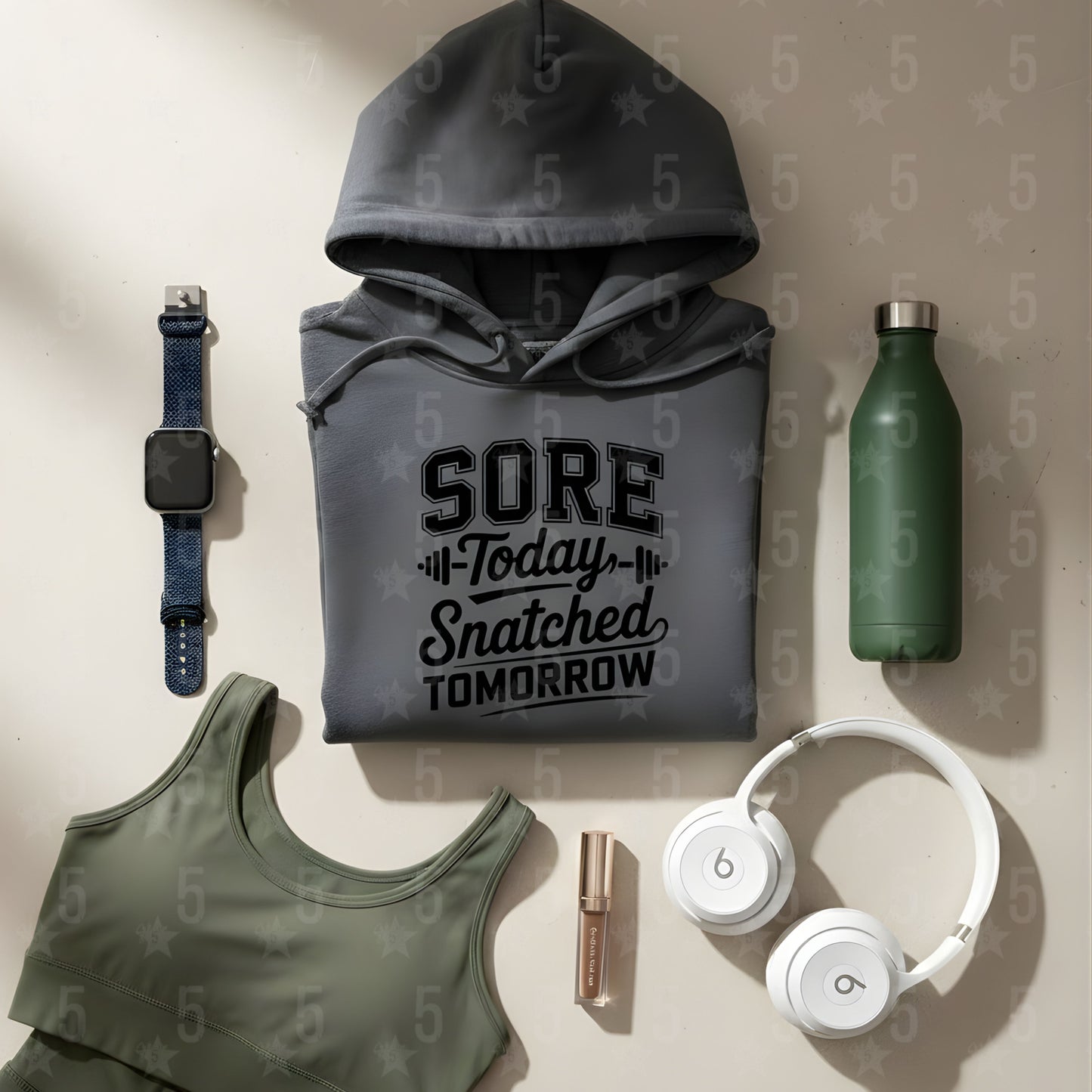 Collection of workout and daily items including a hoodie, sports bra, bottle, watch, and headphones on a beige background.